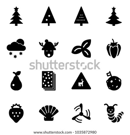 Solid vector icon set - christmas tree vector, snowfall, deer hat, three leafs, sweet pepper, pear, breads, wild animals road sign, moon flag, strawberry, shell, wind mill, toy caterpillar