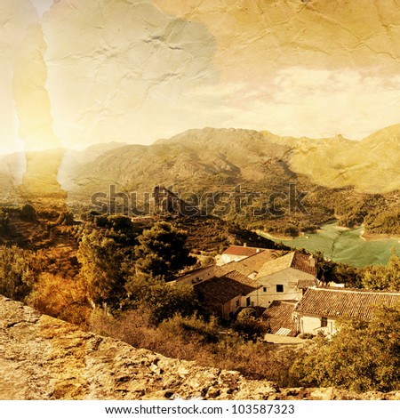 Panoramic view of beautiful mountains and lofty lake. Guadalest, Spain. Old photo style