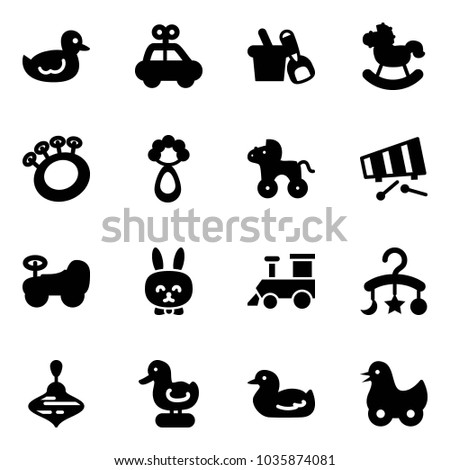 Solid vector icon set - duck toy vector, car, shovel bucket, rocking horse, beanbag, wheel, xylophone, baby, rabbit, train, carousel, wirligig