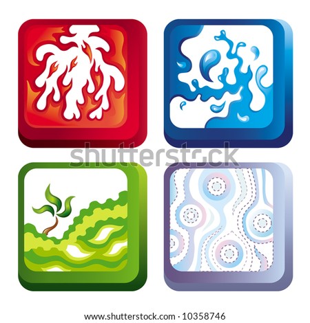 Square vector icons representing fire, water, soil and air
