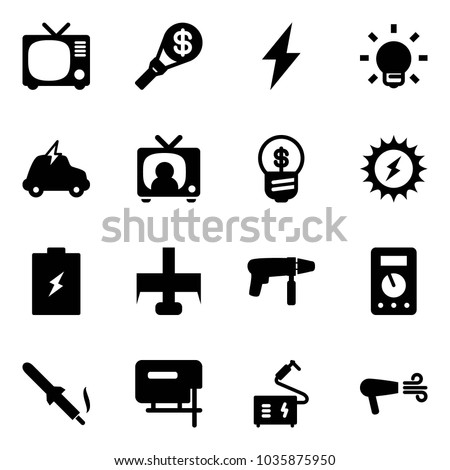 Solid vector icon set - tv vector, money torch, lightning, bulb, electric car, news, business idea, sun power, battery, milling cutter, drill machine, multimeter, soldering iron, jig saw, welding
