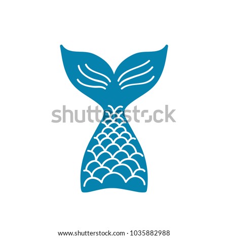 Hand drawn silhouette of mermaid's tail. Vector illustration isolated on white background. Graphic tattoo.  Royalty-Free Stock Photo #1035882988