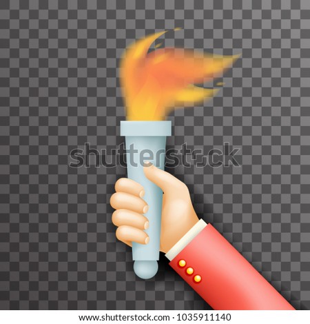 Transparent background victory flame symbol hand hold fire torch icon 3d template realistic design vector illustration