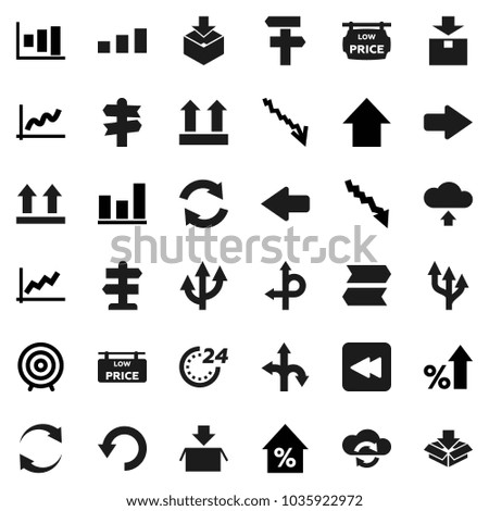Flat vector icon set - graph vector, crisis, percent growth, target, arrow up, route, signpost, top sign, package, sorting, backward button, cloud exchange, refresh, undo, upload, 24 hour