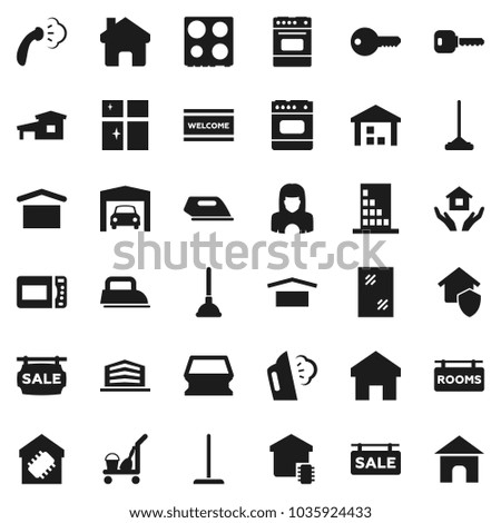 Flat vector icon set - plunger vector, cleaner trolley, mop, sponge, window cleaning, welcome mat, steaming, shining, house hold, woman, oven, dry cargo, warehouse, home, key, cottage, garage, rooms