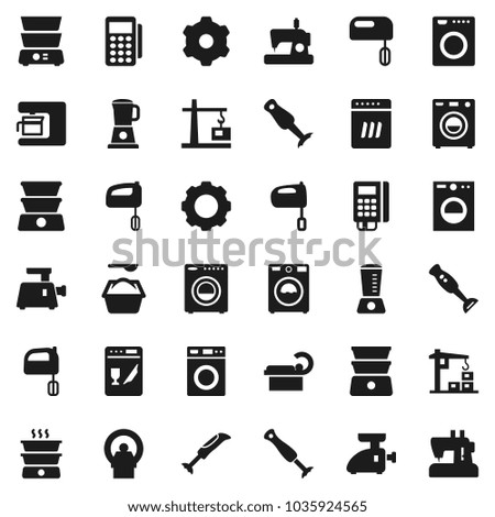 Flat vector icon set - washer vector, washing powder, mixer, double boiler, blender, tomography, gear, construction crane, card reader, dishwasher, coffee maker, meat grinder, sewing machine