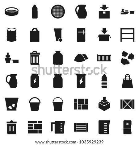 Flat vector icon set - bucket vector, trash bin, garbage pile, measuring cup, jug, sieve, jar, enegry drink, water bottle, sea container, port, wood box, consolidated cargo, package, oil barrel