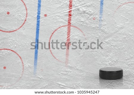 Puck and hockey arena with markings. Concept, hockey, background