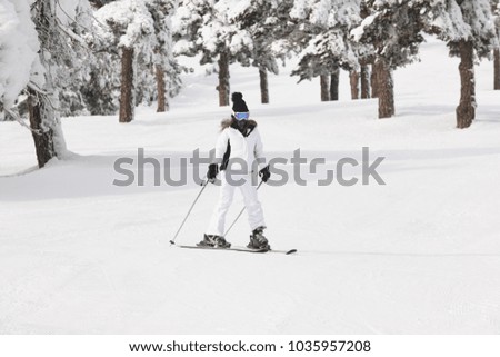 Skiing on a beautiful snow forest landscape. Winter sport. Horizontal