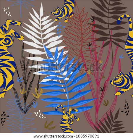 Vector illustration. Seamless pattern. Stylized tiger and tropical plants.