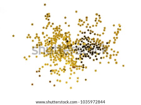 Pile of gold star decoration isolated on white background on top view