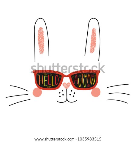 Hand drawn portrait of a cute cartoon funny bunny in sunglasses with falling leaves reflection, text Hello Autumn. Isolated objects on white background. Vector illustration. Design change of seasons.