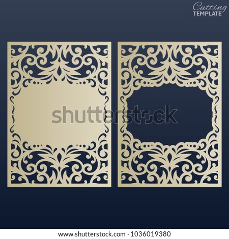 Paper greeting card with lace border. Wedding invitation or greeting card template. Openwork photo frame. Suitable for laser or die cutting.