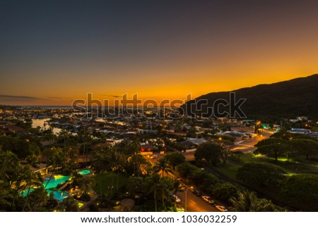 Golden, crisp, clear sunset over Hawaii residential tropical marina - Hawaii Kai, near Honolulu