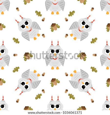 Cute owls seamless pattern. Funny forest background with acorns and leaves.. Vector illustration