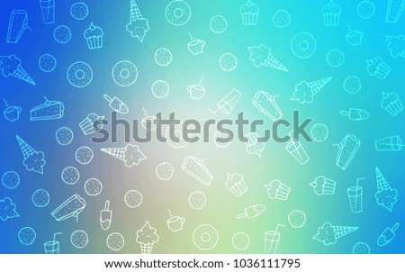Light Blue, Yellow vector layout with sweet desserts. Decorative shining illustration with sweets on abstract template. Doodle design for your business advert of cafes.