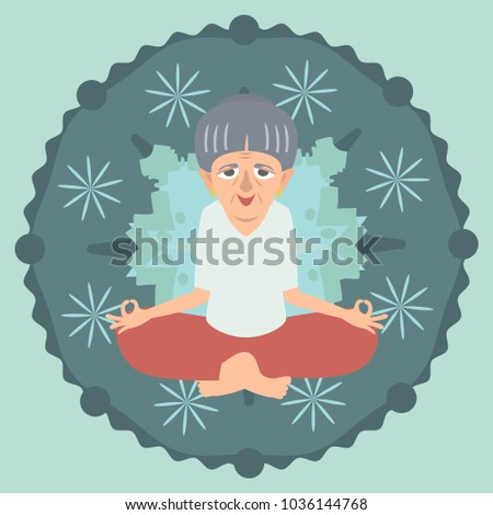 old lady meditating at mandala background - vector cartoon illustration in flat style