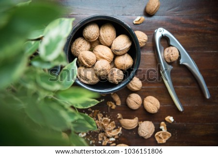 still life of walnuts with blurred green leaves around on a wooden table, natural background, healthy concept