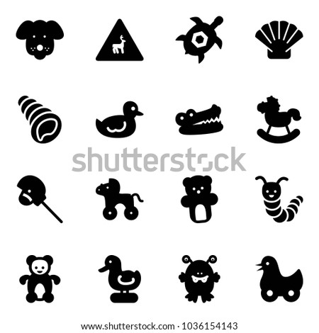 Solid vector icon set - dog vector, wild animals road sign, sea turtle, shell, duck toy, crocodile, rocking horse, stick, wheel, bear, caterpillar, monster