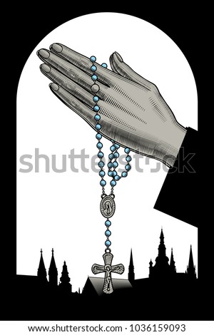 Woman's hands with prayer beads and silhouettes of catholic cathedrals. Vintage engraving stylized drawing. Vector illustration