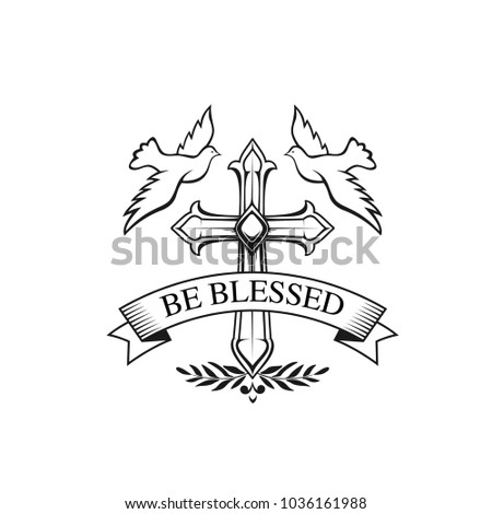 Happy Easter and Be Blessed icon of cross crucifix laurel wreath for Christian religious Easter Sunday holiday greeting card design. Vector isolated symbol of Christianity crucifixion ornate cross
