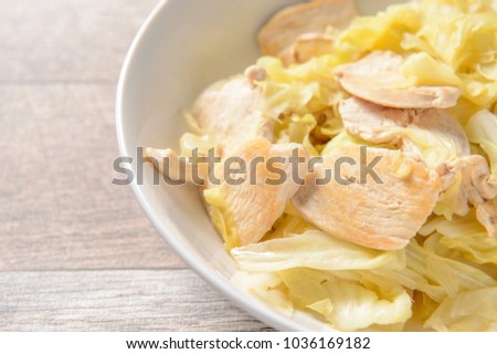 Home Made Taiwan Delicious Food Chicken Breast Cabbage for Ketogenic Diet and Body Health, Place for Text, Top View, High Protein and Fibrous, Low Carbohydrates
