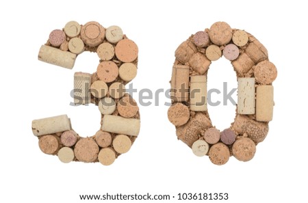 Number 30 thirty made of wine corks Isolated on white background