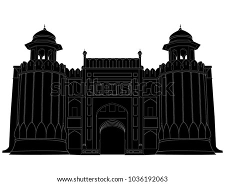 Outlines of Lahore Fort , Lahore , Punjab ,Pakistan in white background.