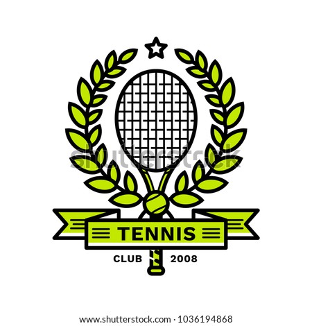 Tennis emblem, illustration, logotype, modern line style, green color, on a white background. A tennis racket framed by a laurel wreath with a star on top and a tennis ball and a ribbon at the bottom.