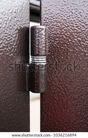 Sturdy metal door hinge anti-burglary entrance apartment door close-up.