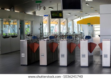 Automatic of ticketgateway of Bus service station(BRT) at Sathron, Bangkok, Thailand. Royalty-Free Stock Photo #1036241740