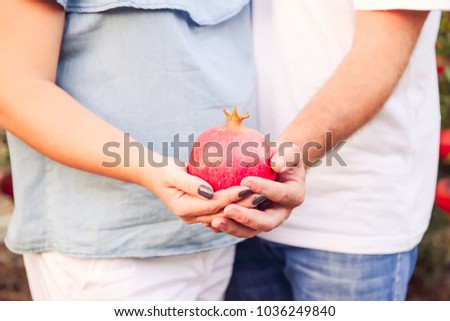 Close up pomegranate fruit in pregnant woman's and man's hands at sunset light. Couple in love in the garden. Family and fertility concept. Selective focus, space for text