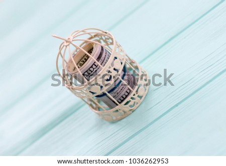 dollars in an iron cage on a wooden background