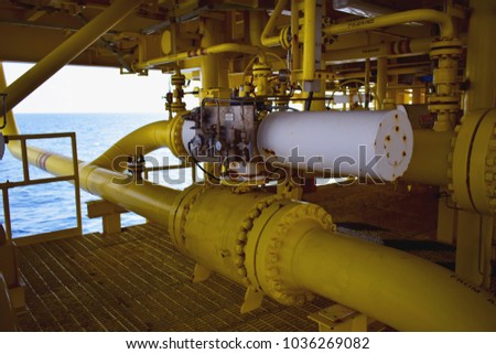 Manual operate ball valve at offshore oil and gas central processing platform, manual valve. Shut down valve. 
