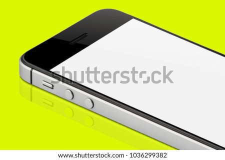 Close up black mobile isolated with reflection on white background against white blank screen, Displaying for the applications, Smartphone technology connects the world closer together.
