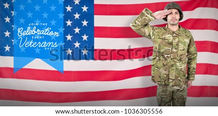 Portrait of confident soldier giving salute against rippled us flag