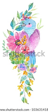 Colorful floral background with flowers, leaves and bird, cool spring or summer background for beautiful design