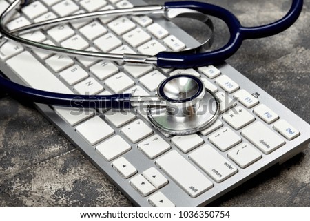 White keyboard. Stethoscope. Peripherals. Technologies. For your design. 