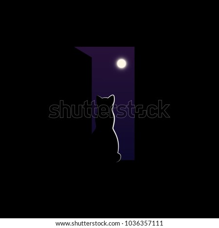 Cat sits in the door-top and looks at the moon. Silhouette of a graceful cat against the background of the night sky.