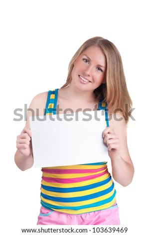 woman holding card isolated on a white background