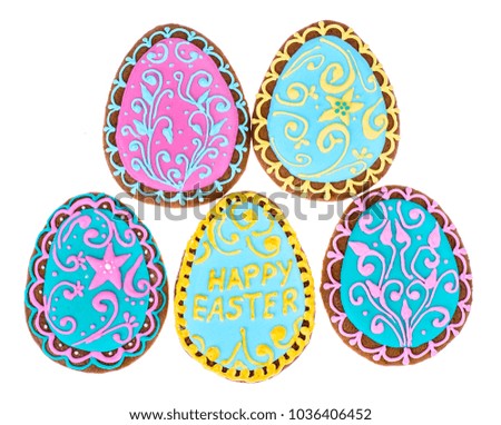 Easter gingerbread cookies on white background. Studio Photo