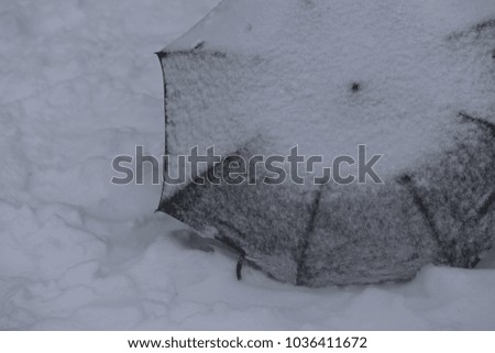 Close up outdoor view of a gray umbrella placed on the snow. Picture taken during a cold winter day in France. Abstract image of an isolated element on a white surface. Graphic design with dark lines 