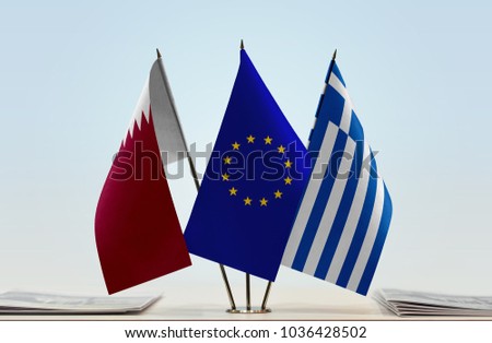 Flags of Qatar European Union and Greece