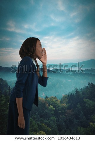 Digital composite of Businesswoman shouting echo over forest
