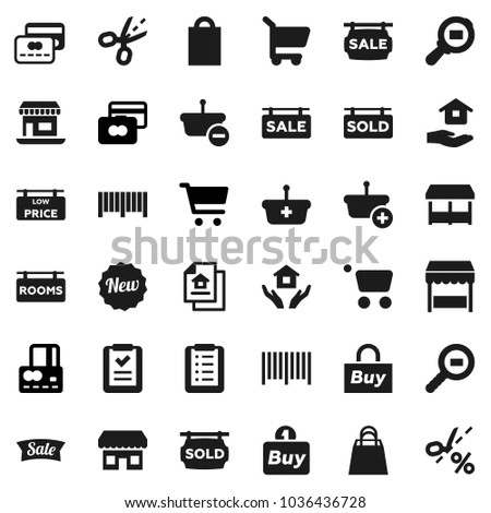Flat vector icon set - house hold vector, cart, credit card, office, cargo search, estate document, sale signboard, rooms, sold, low price, new, shopping bag, market, store, buy, barcode, basket