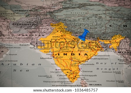 Map of India with a blue pushpin stuck