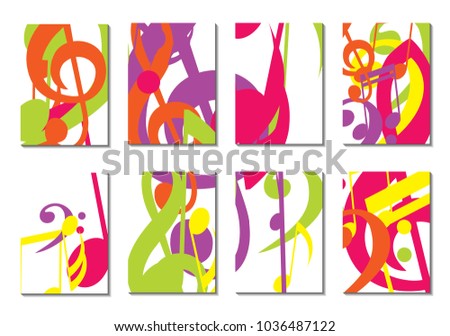 Musical Covers. Set of 8 Music Backgrounds with Notes, Bass and Treble Clefs. Cover Templates with Musical Signs for Cards,Posters, Brochures, Disks. Editable Backgrounds with Clipping Mask. Vector.