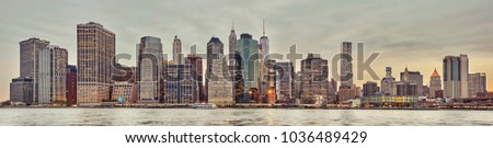 Panoramic picture of the Manhattan skyline at sunset, New York City, USA.