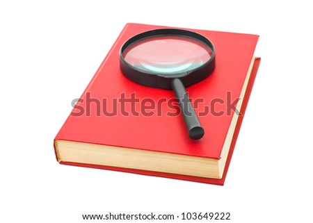 Magnifying glass and book isolated on white background