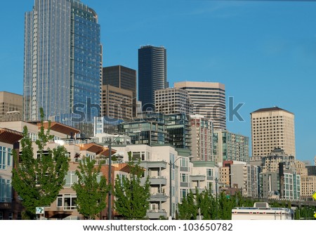 Downtown of Seattle and waterfront in the evening.